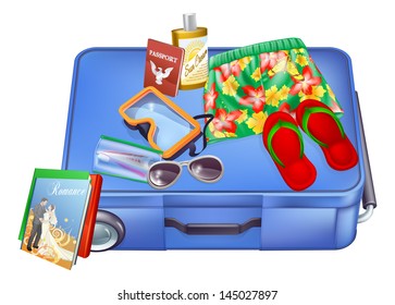 An illustration of a suitcase with vacation items on it ready for packing or just been unpacked. Includes passport, sunglasses, suncream, Hawaiian shorts etc.