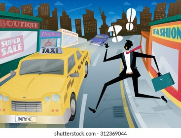 Illustration of a Suited but worried young Businessman who is waving and calling for the last Taxi home in the streets of New York City.