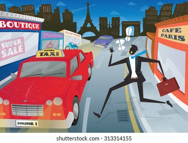 Illustration of a Suited but worried young Businessman who is waving and calling for the last Taxi home in the streets of Paris City.