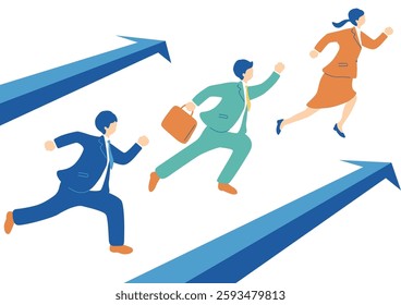 Illustration of a suit-wearing man and woman running with an arrow