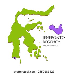 Illustration of Sulawesi Island map icon with green Indonesian islands, featuring Jeneponto Regency map in South Sulawesi Province, Indonesia.