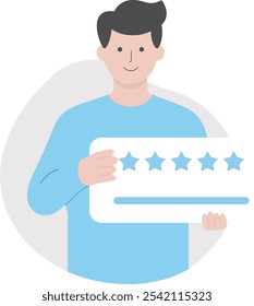 A ilustração resume o conceito de feedback ou classificação do cliente, mostrando uma pessoa exibindo uma revisão de cinco estrelas.