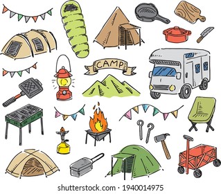 Illustration summary of hand-painted camping goods (colorful) Outdoor