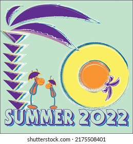 illustration summer 2022 geometric shapes hat two glasses lettering modern colors