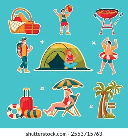 Illustration of summer activities including camping, beach, and barbecue.