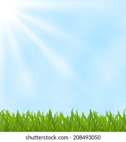 Illustration summer background with green field and sky - vector