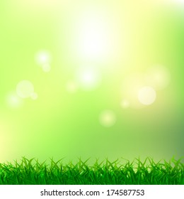 Illustration of the summer background with green grass and blue sky 