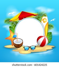 Illustration Summer Background with Sea, Island, Beach, Umbrella, Coconut Cocktail, Sunglasses - Vector