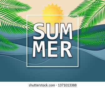 Illustration of Summer background with sun, sea and palm trees. Paper art and digital craft paper cut style for wallpaper, poster, banner template, brochure, flyer, special sale offer advertising.