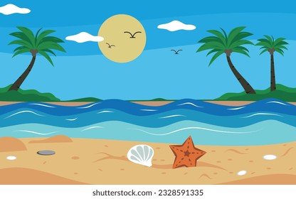 Illustration of summer beach background with shells and starfish