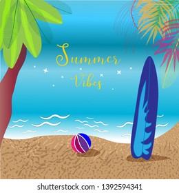 illustration of summer beach with ball and surfboard on the sand and sparkling ocean