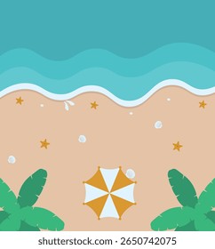 Ilustración de la playa de verano con diseño plano de dibujos animados. Antecedentes del Vector