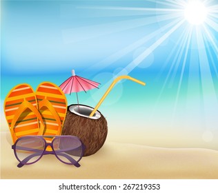 Illustration summer beach, sandals colorful flip- flops, young coconut with sunglasses