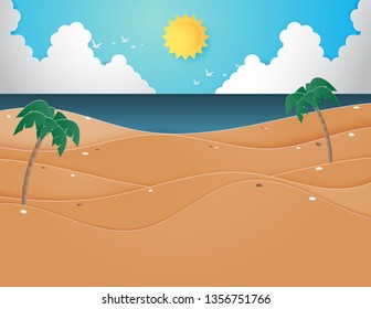 Illustration of Summer beach and sea with palm trees on the beach. Paper art and digital craft paper cut style for wallpaper, poster, banner template, brochure, flyer, special sale offer advertising.