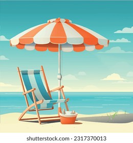 ilustración de la playa de verano con paraguas y silla