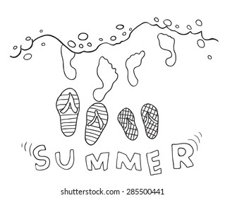 Illustration of summer beach with wave and beach flip flops.