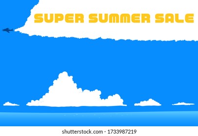 Illustration of summer blue sky and approaching clouds and sea For summer sale