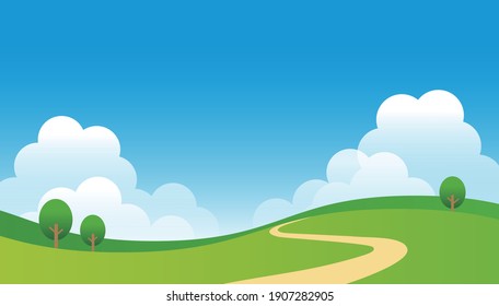 Ilustración del cielo azul veraniego y del paisaje de praderas verdes