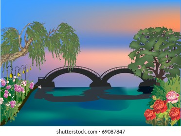 illustration with summer bridge and green trees