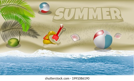 illustration of summer by the beach with coconut leaves. coconut fruit. shell house. bucket and toy mold. bola pantai. separate text. vector illustration
