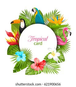 Tarjeta De Verano Ilustración Con Plantas Tropicales, Hibiscus, Plumeria, Flamingo, Parrot, Toucan. Flores y animales exóticos - Vector