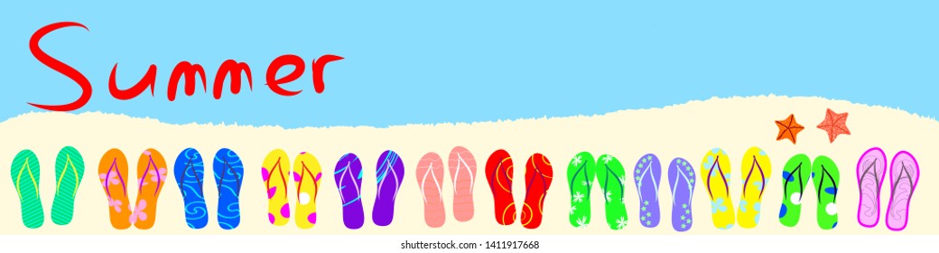 Illustration summer colored flip flops on a background of water and sand. Colorful beach shoes collage. Vector banner of summer elements for design.