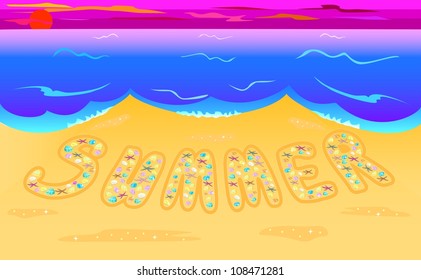 Illustration summer composed of seashells on seacoast