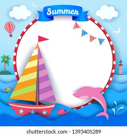 Illustration summer of cute sailboat and pink dolphin with frame on ocean background paper art style