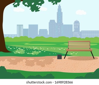 Illustration of a summer day in a city Park with trees a bench and the city in the background