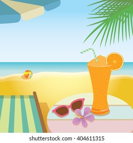 Illustration of summer drink  banner.Orange juice smoothie put on the table with shoe flower and sunglasses ,deck chair,umbrella,palm on the shore sea, beach background.