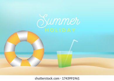 Illustration of summer drink template. avocado juice on the sand and swim ring