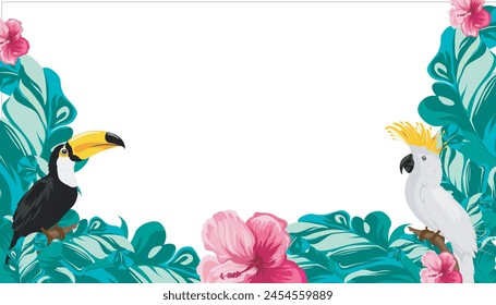 Illustration Summer Exotic Background with Parrot Ara, Hibiscus Flowers and Palm Leaves - Vector
