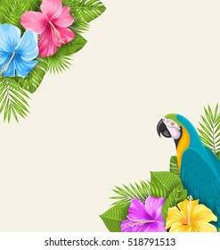 Illustration Summer Exotic Background with Parrot Ara, Hibiscus Flowers and Palm Leaves - Vector