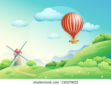 Illustration of summer fields with a mill and a balloon in the sky