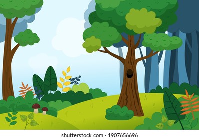 Illustration of a summer forest landscape in cartoon style. 
