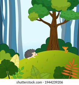 Illustration of a summer forest landscape in cartoon style.  Cute hedgehog picking mushrooms.