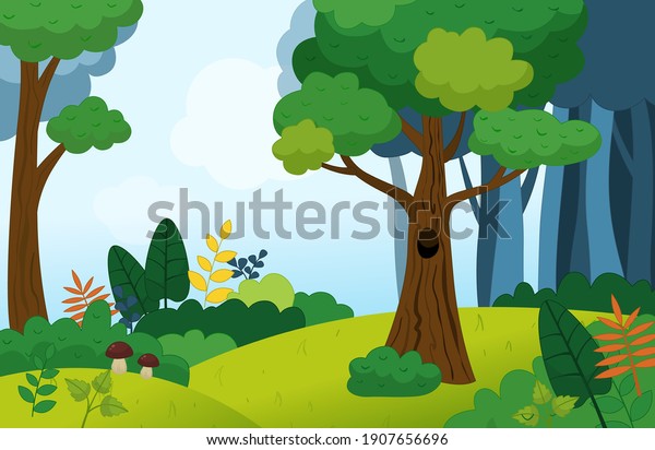 Illustration of a summer forest landscape in cartoon\
style. 