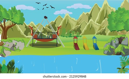 Illustration of a summer forest landscape children playground in cartoon style. 