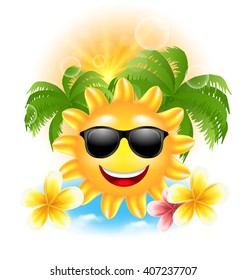 Illustration Summer Funny Background with Happy Smiling Sun, Palms, Flowers Frangipani - Vector