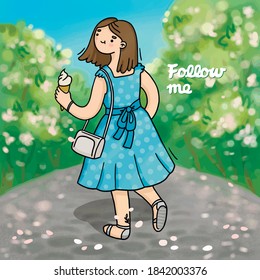 Illustration summer girl calling follow me