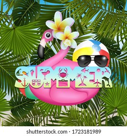 Illustration of summer holiday background with inflatable pink flamingo, tropical plumeria flowers, summer symbol lettering, beach balls and sunglasses. Palm leaves pattern is seamless
