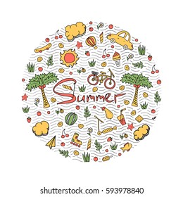 Illustration of a summer holiday in bright colors. Vector doodle illustration. Suitable for printing on clothing and souvenirs