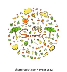 Illustration of a summer holiday in bright colors. Vector doodle illustration. Suitable for printing on clothing and souvenirs