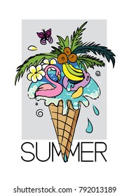  Illustration of summer  holiday in the form of  tropical  ice cream. Print for t-shirt, posters, cards.