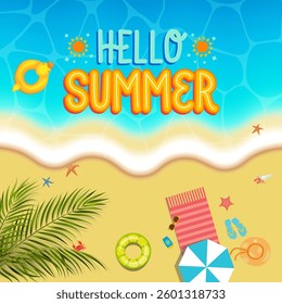 illustration of summer holiday greeting, with an ocean and beach view from the top. 