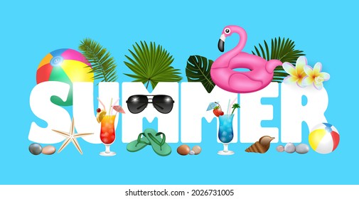 Illustration of summer holiday lettering with summer symbols