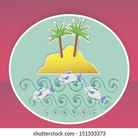 Illustration of the summer holiday on the island in the ocean in applique style