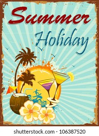 illustration of summer holiday poster with palm tree and coconut