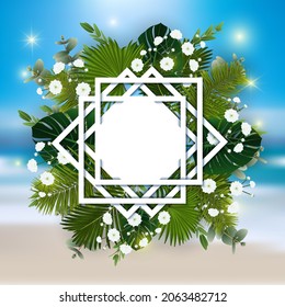 Illustration of summer holiday tropical background with palm leaves, gypsophila and eucalyptus
