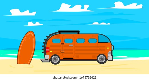 Illustration for summer, holidays and travel. A camping trip along the beach. Colorful vintage pictures.